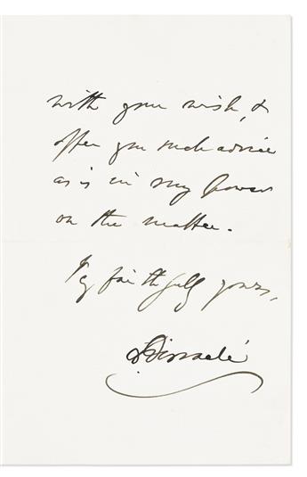 (PRIME MINISTERS--UK.) DISRAELI, BENJAMIN. Group of 5 Autograph Letters, each but one Signed, "BDisraeli," to Member of Parliament Will